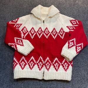 Vintage Hand Knit Wool Cowichan Icelandia Zip Up Mary Maxim Red Sweater Jacket